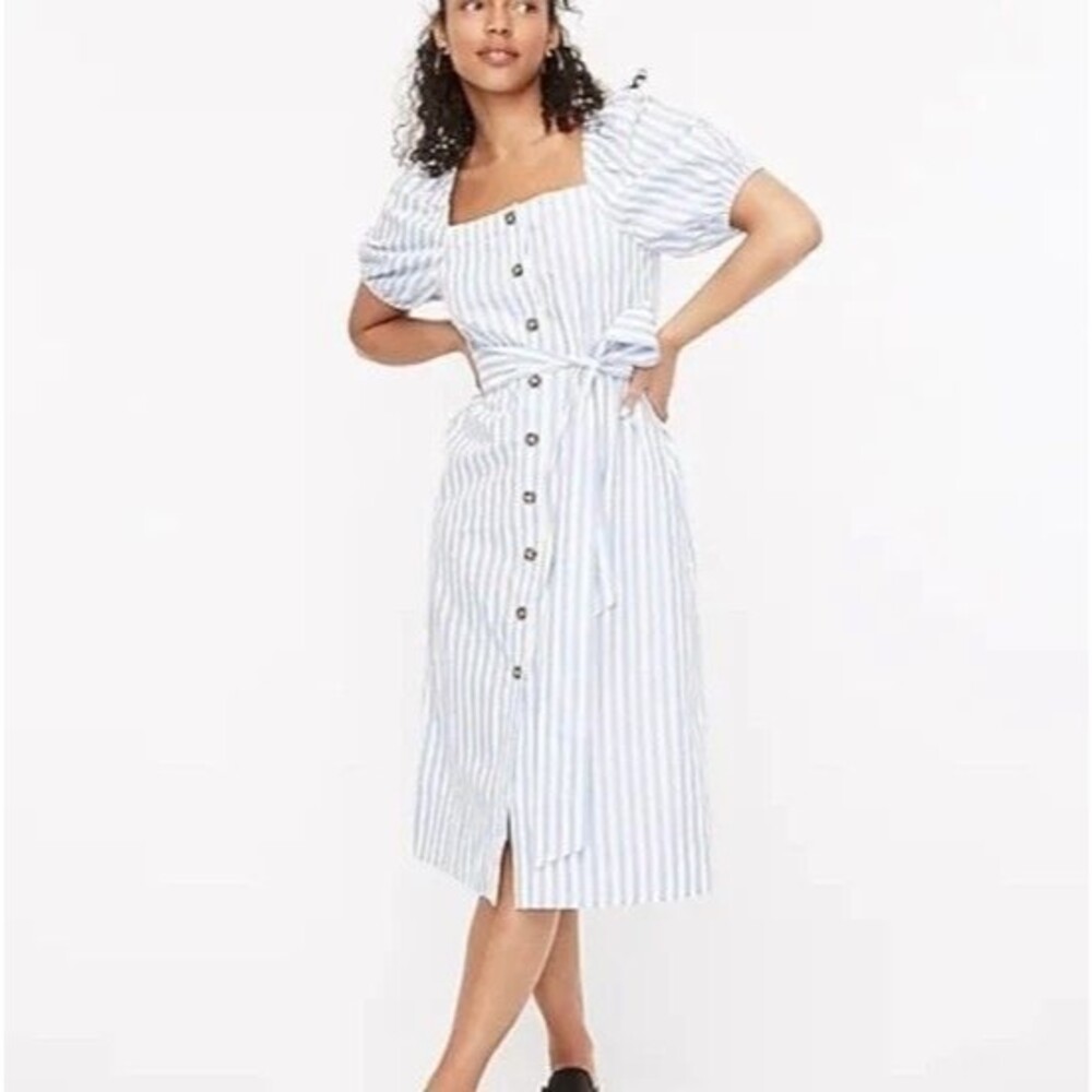 J. Crew Women's Cottage Midi Dress Stripe Blue White Puff Sleeves Size XXS